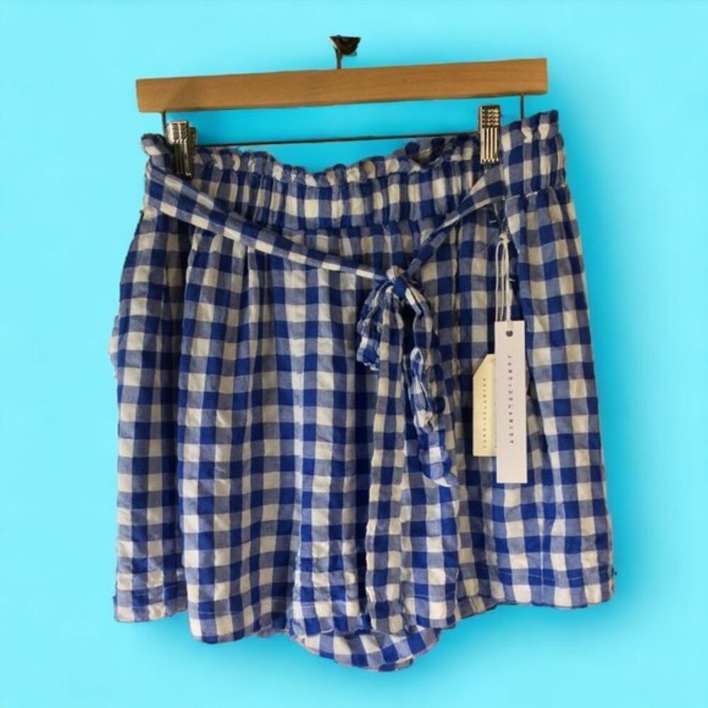 Jane + DeLancey Blue and White Checkered Shorts with Waist Tie Size Large NWOT